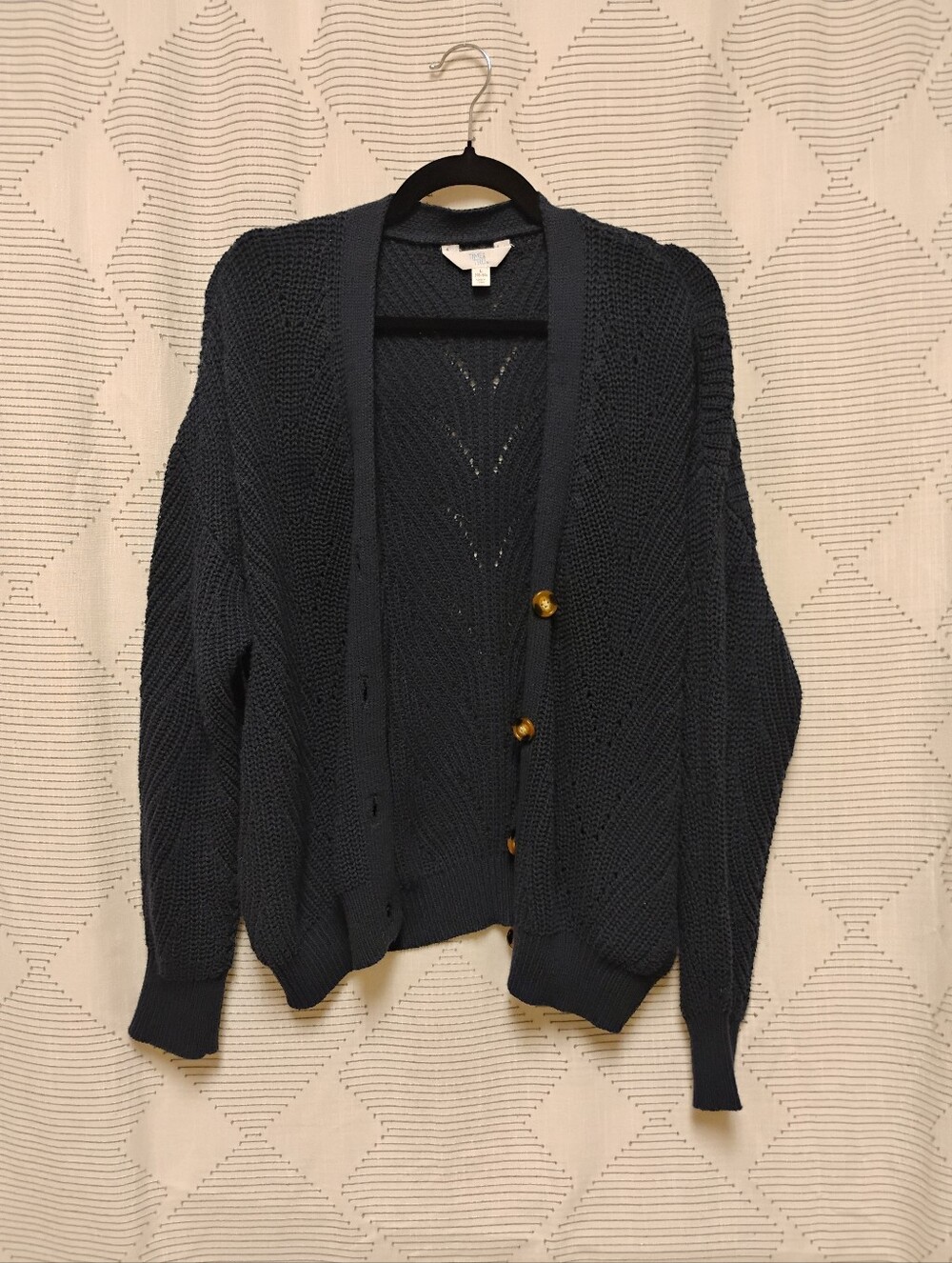 Boyfriend Pointelle Cardigan Sweater Time And Tru Women's Large 12 14 Navy Blue